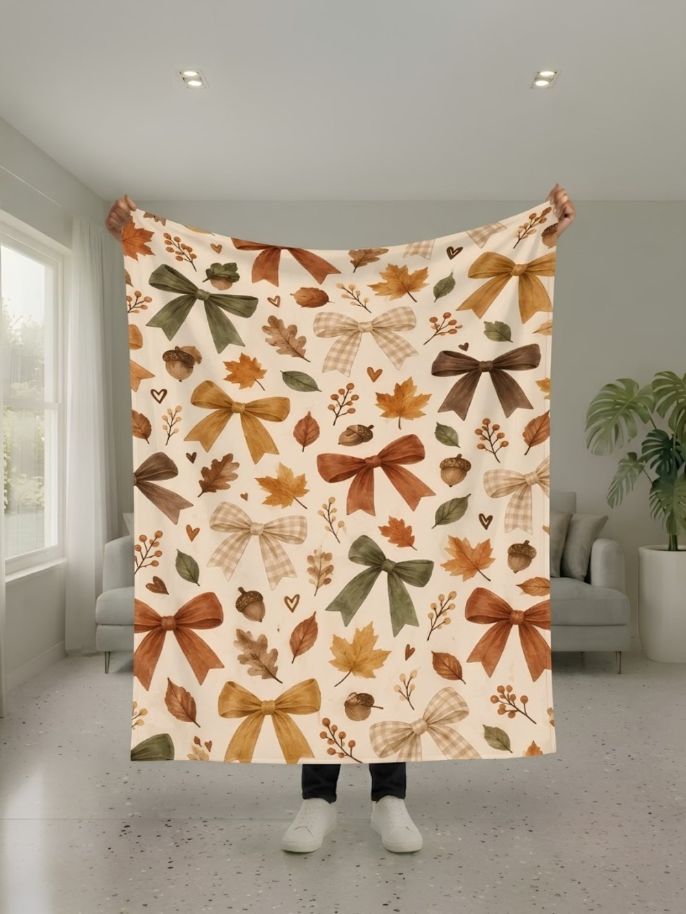 Autumn Bow & Leaf Blanket - Beige/Tan Fall Design